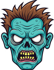 Snarling cartoon zombie head with blue-green skin, yellow teeth, messy hair, vector illustration, cad drawing for Halloween and horror themes