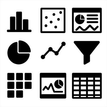 Data Visualization Icons. Solid, filled icon set of data visualization tools: histogram, scatter plot, dashboard, pie slice, trend