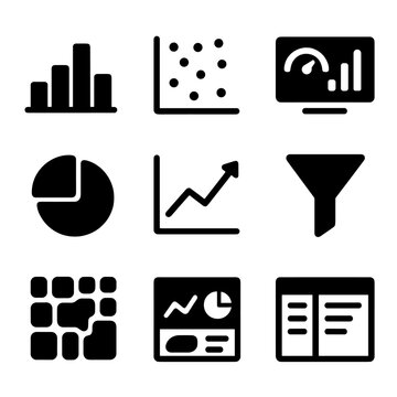 Data Visualization Icons. Solid, filled icon set of data visualization tools: histogram, scatter plot, dashboard, pie slice, trend