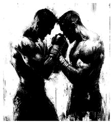 Halftone black and white image two box players silohuette