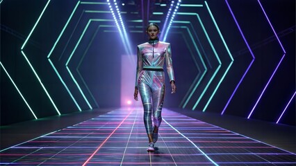 Fashion model in holographic bodysuit walking on neon pathway &ndash; digital runway concept merging futuristic design and sci-fi aesthetics