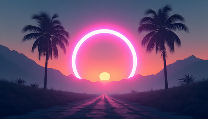 A stunning neon sunset scene with palm trees and a glowing ring in the sky.