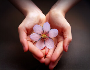 Delicate Hand Holding a Single Flower Against dark background