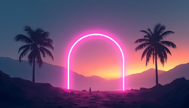 A vibrant neon archway frames the tropical sunset with palm trees and a single silhouette.