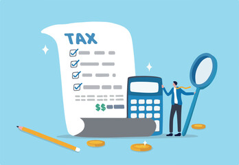 Tax planning, financial strategy for tax optimization, reduction or refund, income or revenue management, taxation or calculation concept, businessman with magnifying glass analyze tax plan document