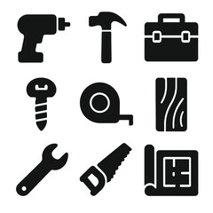 DIY Tools Icons. Solid, filled icon set of DIY home projects: drill, hammer, toolbox, screw, measuring tape, wooden plank, wrench,