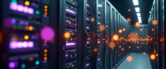 Inside a modern data center with rows of servers and glowing lights, showcasing technology.