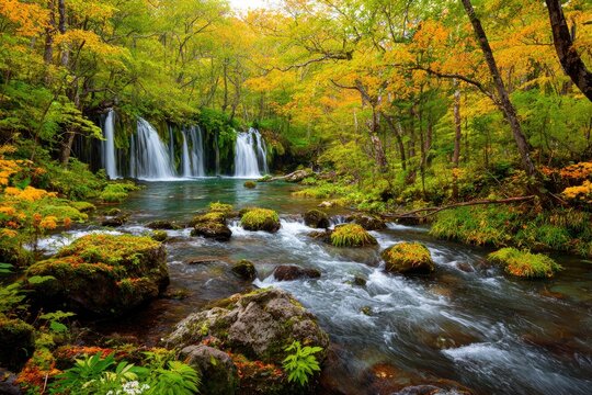Waterfall cascades into a stream amid a forest of green  yellow foliage mossy rocks dotting the scene
