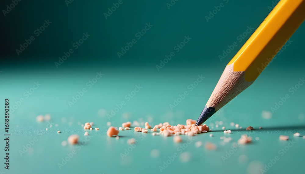 Aufkleber a pencil tip creating crumbs during the sharpening process on a teal surface.