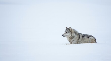 Solitary wolf rests gracefully on a snow-covered field, blending seamlessly into its winter © pratama