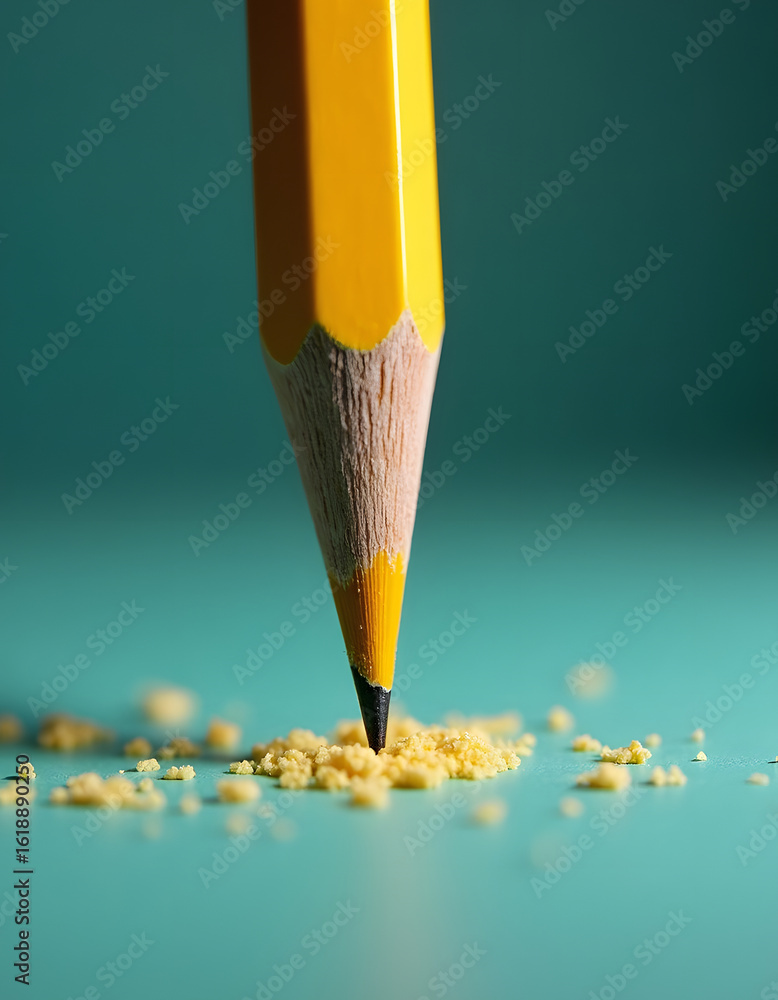 Aufkleber a close-up of a sharp yellow pencil creating shavings on a teal surface.