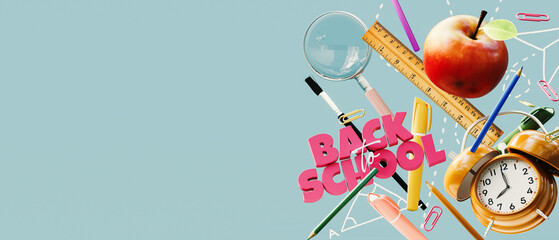 Back To School text and school accessories on blue background with copy space. Ready for school concept design. 3D Rendering, 3D Illustration	
