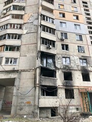 Kharkiv, Ukraine - summer 2022–2025: Destroyed and burned apartments in a multi-storey residential building. Residential area Saltovka. War in Ukraine.