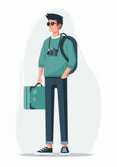 A tourist with a suitcase. Colored vector flat illustration. White background.