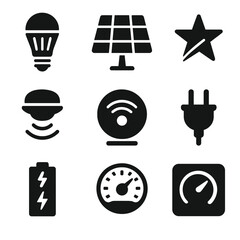 Energy Efficiency Icons. Solid, filled icon set of energy-efficient lighting: LED bulb, solar panel, energy star label, motion