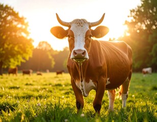 Cow in a grassy field at sunrise