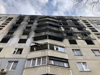 Kharkiv, Ukraine - summer 2022–2025: Destroyed and burned apartments in a multi-storey residential building. Residential area Saltovka. War in Ukraine.