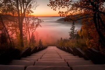 A Serene Autumn Sunrise Over a Misty Valley, Viewed from a Stone Staircase
