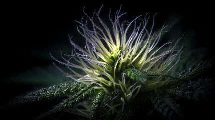 Luminous pistils on a cannabis bud with glistening trichomes flower
