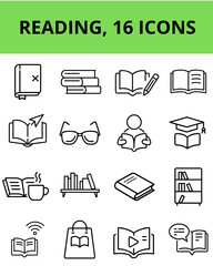 Set of 16 vector icons related to reading