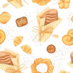 Seamless bread pattern with rustic bakery products: loaves, buns, bagels and croissants in cozy, vintage style. Watercolor background for kitchen textiles, wrapping paper, packaging and cafe branding.