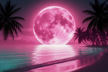 A Surreal Pink Moonrise Over a Tropical Beach Paradise