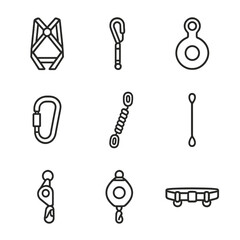 Fall Protection Icons. Outline icon set of fall protection: safety harness, lanyard, anchor point, carabiner, shock-absorbing rope