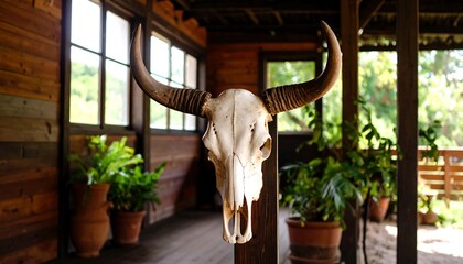 Cow skull mounted on a wooden post