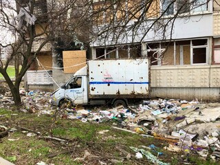 Kharkiv, Ukraine - summer 2022–2025: Destroyed and burned apartments in a multi-storey residential building. Residential area Saltovka. War in Ukraine.