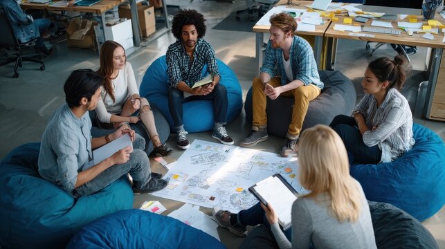 Unposed group of creative business people in an open concept office brainstorming their next project., no logos, no brands - Powered by Adobe