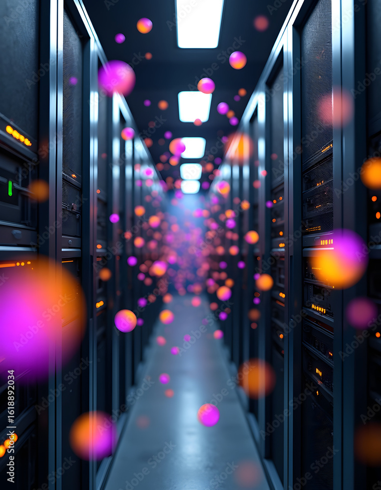 Poster server room hallway with data visualization and abstract glowing lights.