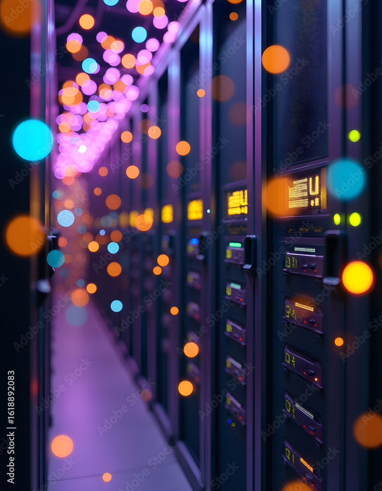 Poster server room interior with rows of server racks, and colorful bokeh lights in the background.