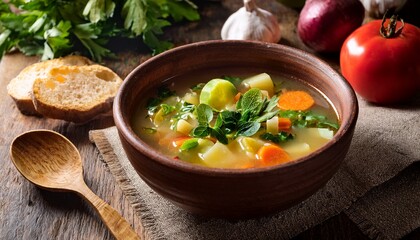 hearty vegetable soup with fresh herbs in a rustic bowl
