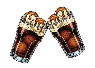 illustration of two root beer floats in a cheers toast