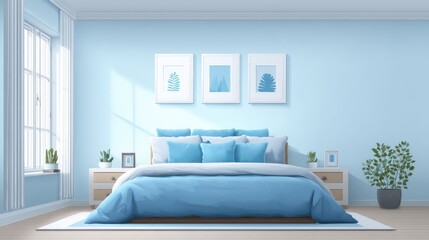 Simple bedroom with double bed, blue bedding, posters and window, no logos, no brands