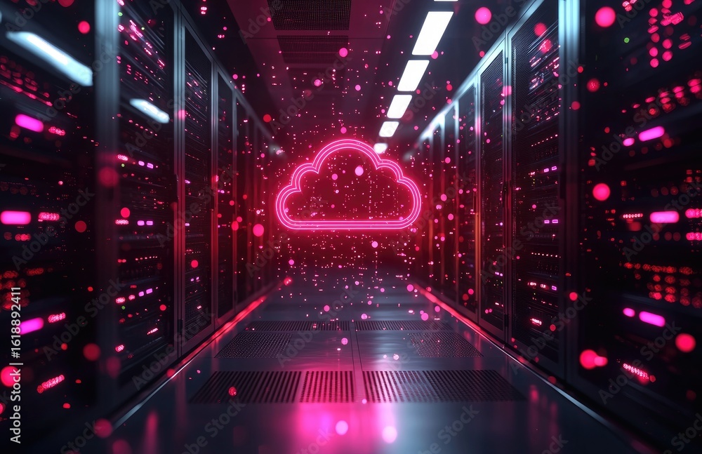 Poster pink neon cloud icon floating among glowing particles in a high-tech server room, perfect for illust