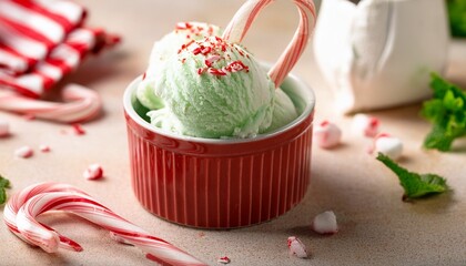 creamy peppermint ice cream with crushed candy canes on countertop