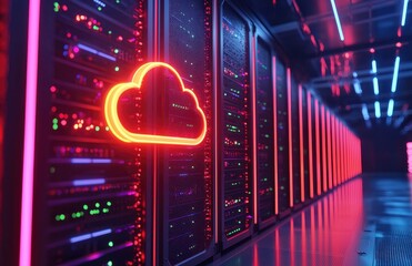 Obraz premium Orange neon cloud icon on glowing server racks in futuristic data center, perfect for cloud computing, secure data technology, digital infrastructure, and AI-driven networking visuals