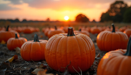 The golden hour bathes a pumpkin patch in warm, autumnal light at sunset.