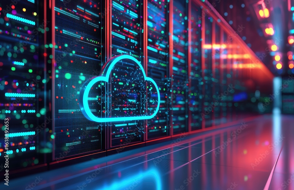 Poster futuristic 3d neon cloud symbol with data particles in glowing server room, ideal for visualizing cl