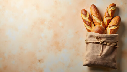 Freshly baked baguettes and a bread roll in a rustic burlap bag on a warm background.