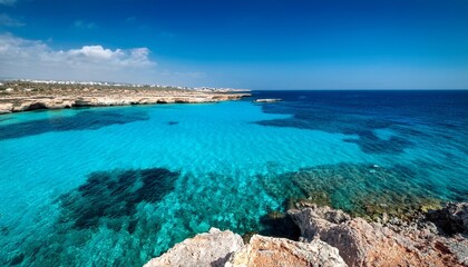 Fototapeta premium turquoise waters near ayia napa cyprus with darker patches indicating underwater features a rugged rocky shoreline is visible in the upper right corner