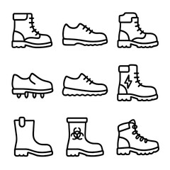Footwear Protection Icons. Outline icon set of foot protection: steel-toe boot, composite-toe shoe, metatarsal guard boot,