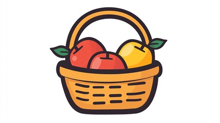 A single vector icon of an apple basket, bold black outline, flat colors, no gradient, simple and modern style, white background