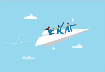 Team winning business achievement, teamwork working together, company direction, leadership strategy, motivation, aspirations concept, manager lead business people employee on paper airplane origami
