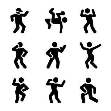 Freestyle Dance Icons. Solid, filled icon set of freestyle dance styles: hip hop, breakdance, krumping, locking, popping, waacking