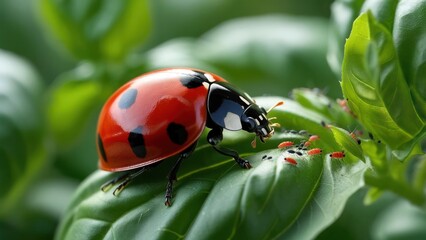 Fototapeta premium Ladybug on basil leaf