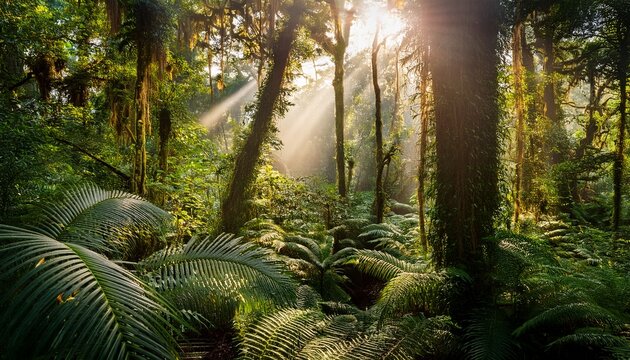sunlight filters through lush green leaves creating serene mys