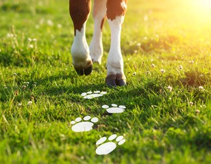Cow's legs walking through a grassy field with paw prints