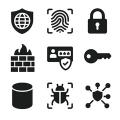 Global Cybersecurity Icons. Solid, filled icon set of neurodiversity awareness: infinity symbol, diverse brain icons, heart and
